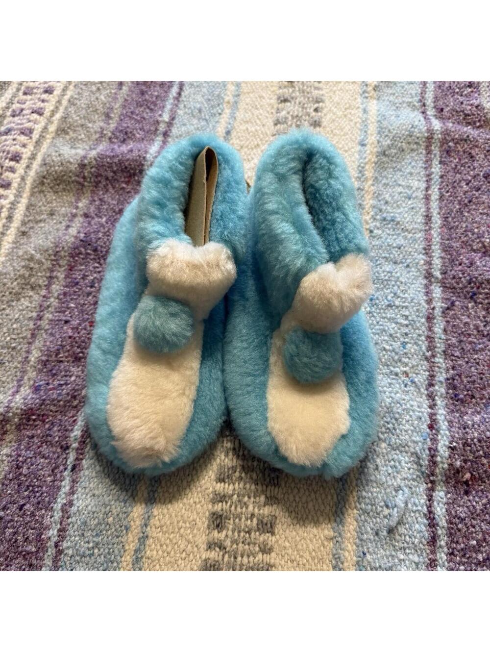 Vintage 50s/60s‎ RARE Etell Blue And White Puffball Slippers Kids Size 11-12 NWT